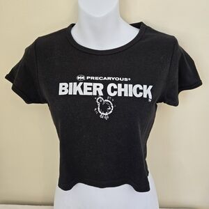 Precarious Biker Chick black crop tee
